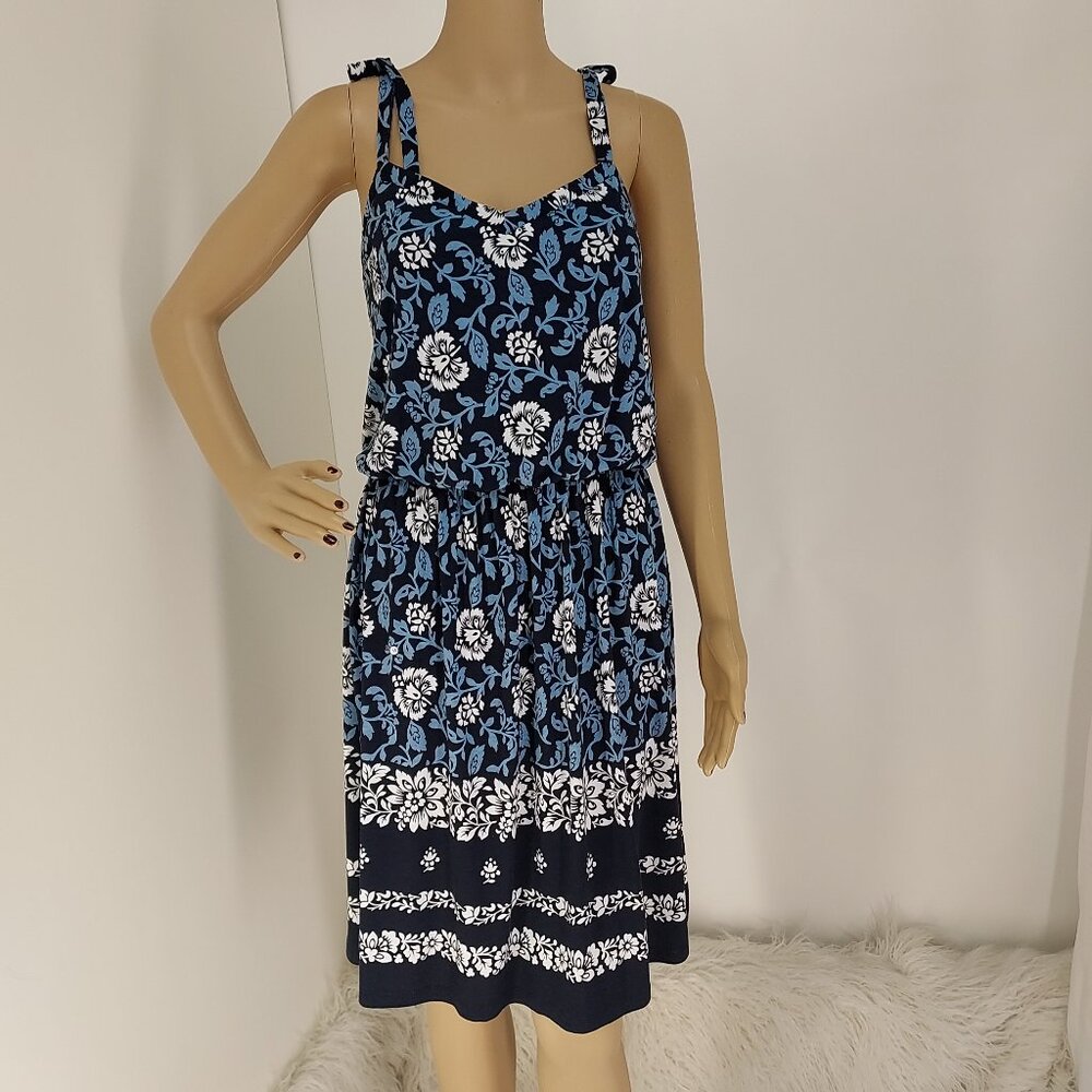 LOFT * BLUE FLORAL TIE STRAPS BLOUSON ELASTIC AT WAIST  DRESS SIZE: XS NWT